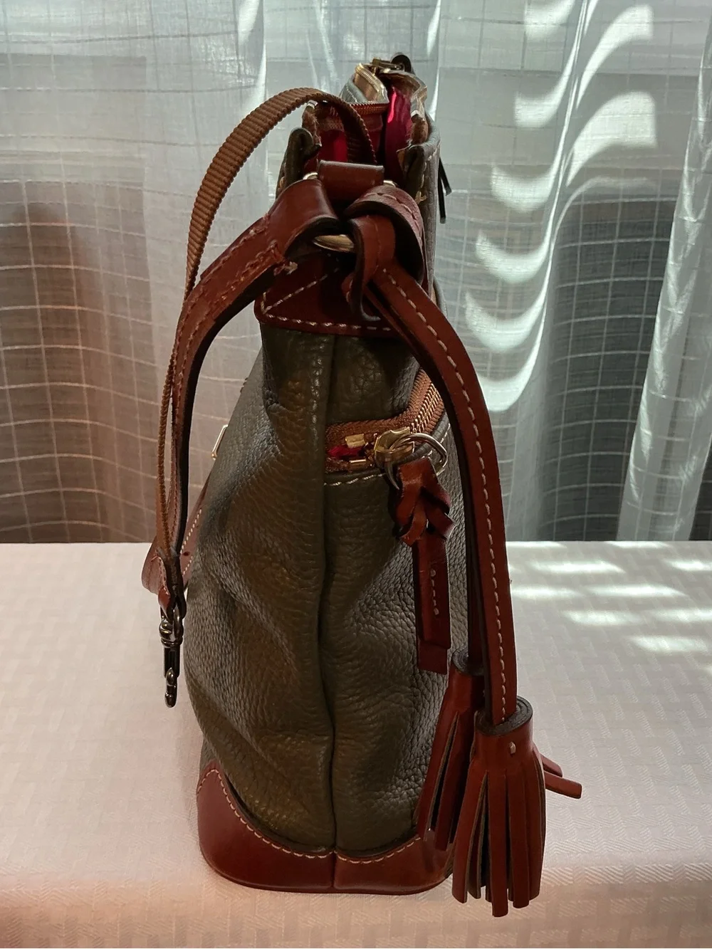 Dooney & Burke Olive Green Pebbled Leather Tassel Crossbody/Shoulder Bag